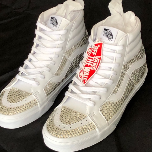 Custom Vans Sk8-hi White Leather with hand placed crystals Skateboard - Picture 2 of 3